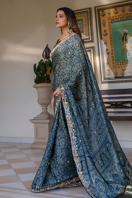 Geroo Jaipur_Blue Modal, Silk Zari, Embroidery, Printed Saree With Unstitched Blouse Piece _at_Aza_Fashions