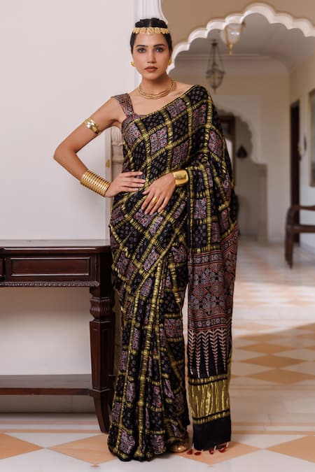 Geroo Jaipur Ajrakh Zari Checks Saree With Unstitched Blouse 