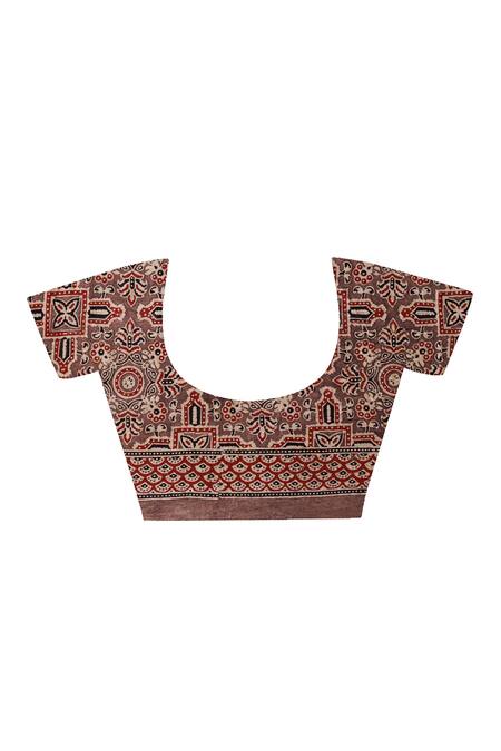 Geroo Jaipur_Brown Modal, Silk Zari, Foil Ajrakh Checks Saree With Unstitched Blouse Piece _Online_at_Aza_Fashions