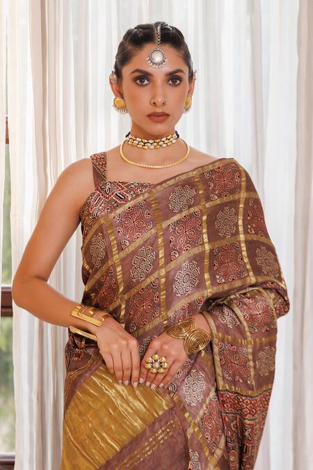 Buy_Geroo Jaipur_Brown Modal, Silk Zari, Foil Ajrakh Checks Saree With Unstitched Blouse Piece _Online_at_Aza_Fashions