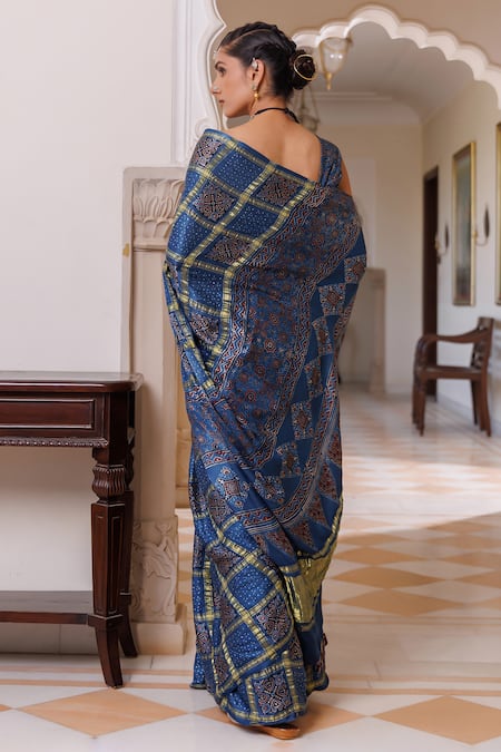 Geroo Jaipur Ajrakh Zari Checks Saree With Unstitched Blouse Piece 