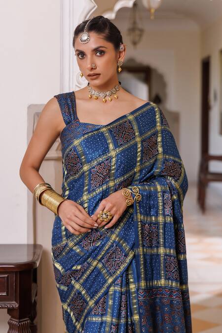 Geroo Jaipur_Blue Modal, Silk Zari Ajrakh Checks Saree With Unstitched Blouse Piece _Online_at_Aza_Fashions