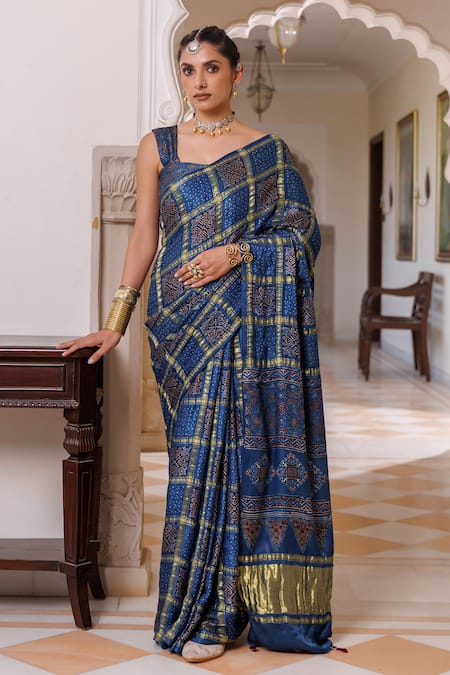Buy_Geroo Jaipur_Blue Modal, Silk Zari Ajrakh Checks Saree With Unstitched Blouse Piece _Online_at_Aza_Fashions