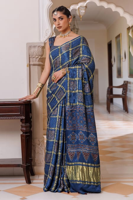 Geroo Jaipur Ajrakh Zari Checks Saree With Unstitched Blouse Piece 