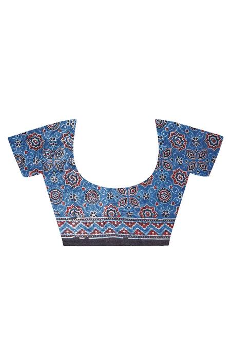 Shop_Geroo Jaipur_Blue Modal, Silk Zari Ajrakh Checks Saree With Unstitched Blouse Piece _Online_at_Aza_Fashions