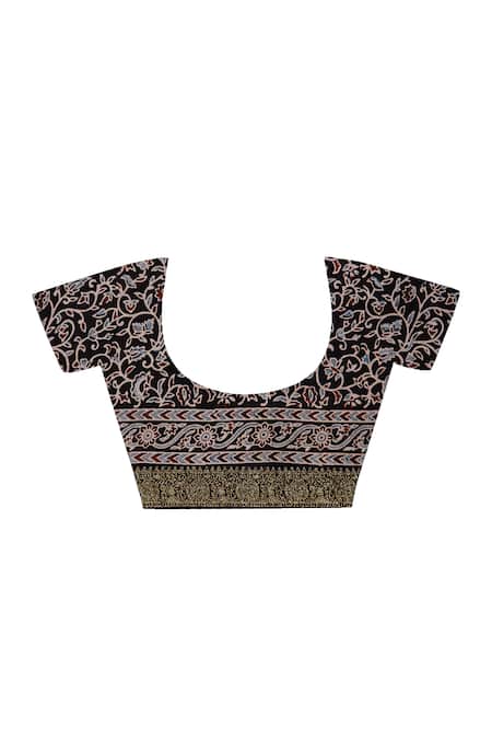 Geroo Jaipur_Black Modal, Silk Zari, Foil Checks Patterned Saree With Unstitched Blouse Piece _Online_at_Aza_Fashions