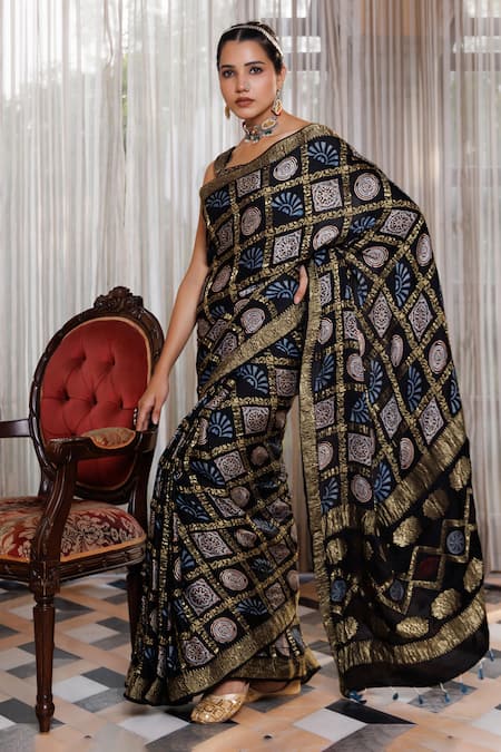 Geroo Jaipur_Black Modal, Silk Zari, Foil Checks Patterned Saree With Unstitched Blouse Piece _at_Aza_Fashions