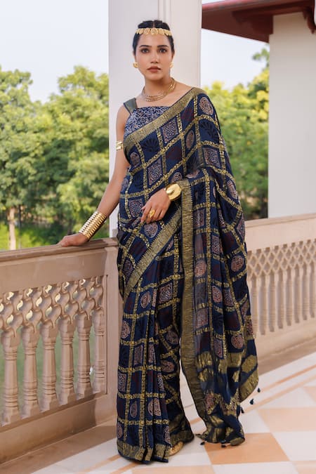 Buy Geroo Jaipur Blue Modal, Silk Zari Printed Checks Saree With Unstitched Blouse Piece Online at Aza Fashions Buy_Geroo Jaipur_Blue Modal, Silk Zari Printed Checks Saree With Unstitched Blouse Piece _Online_at_Aza_Fashions