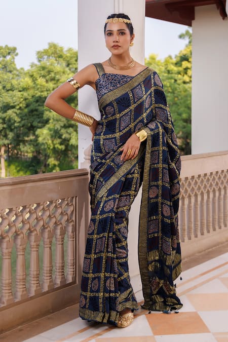 Shop Geroo Jaipur Blue Modal, Silk Zari Printed Checks Saree With Unstitched Blouse Piece Online at Aza Fashions Shop_Geroo Jaipur_Blue Modal, Silk Zari Printed Checks Saree With Unstitched Blouse Piece _Online_at_Aza_Fashions