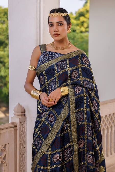 Geroo Jaipur Blue Modal, Silk Zari Printed Checks Saree With Unstitched Blouse Piece at Aza Fashions Geroo Jaipur_Blue Modal, Silk Zari Printed Checks Saree With Unstitched Blouse Piece _at_Aza_Fashions