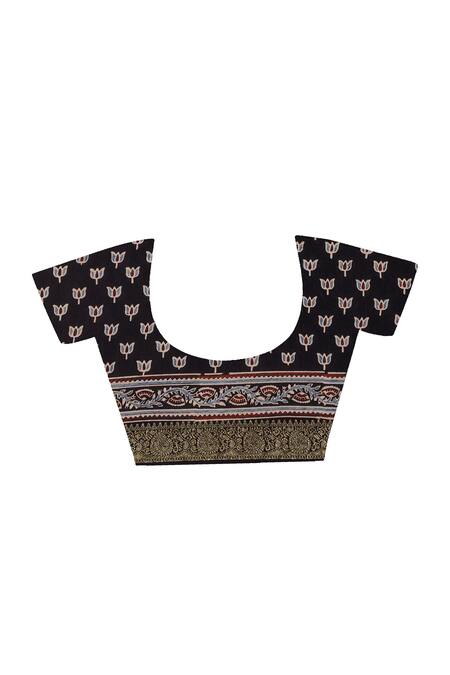 Geroo Jaipur_Black Modal Zari Checks Patterned Saree And Unstitched Blouse Piece Set _Online_at_Aza_Fashions