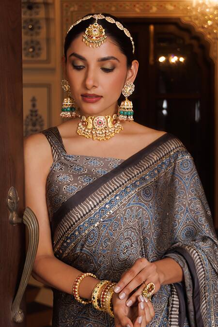 Buy_Geroo Jaipur_Blue Modal, Silk Sequins, Aari And Work Saree With Unstitched Blouse Piece _Online_at_Aza_Fashions
