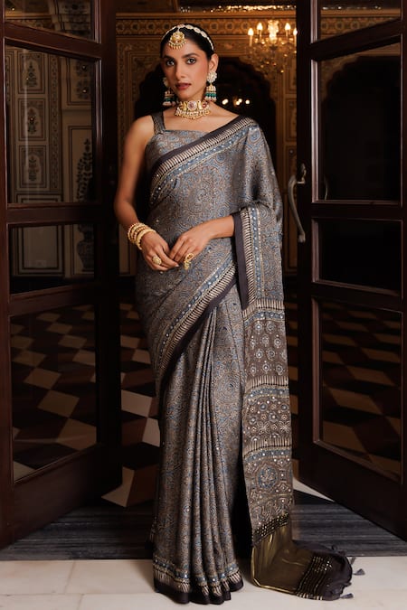 Geroo Jaipur Aari & Sequins Work Saree With Unstitched Blouse Piece 