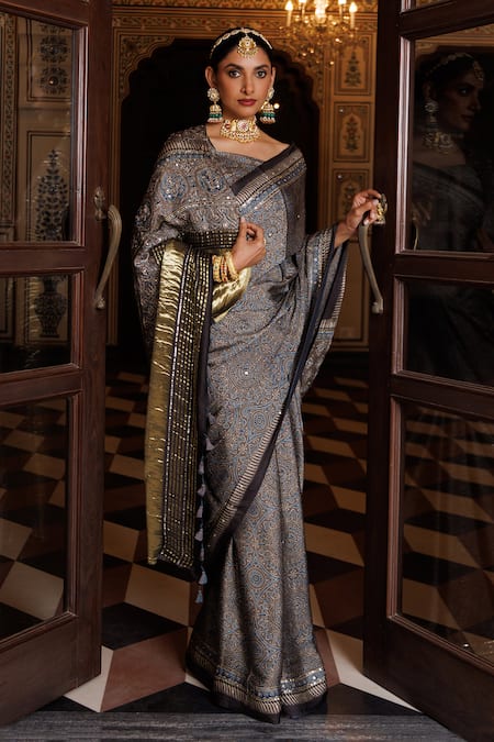 Geroo Jaipur_Blue Modal, Silk Sequins, Aari And Work Saree With Unstitched Blouse Piece _at_Aza_Fashions