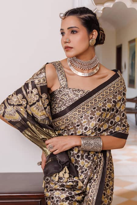 Buy_Geroo Jaipur_Brown Modal, Silk Sequins Printed Saree With Unstitched Blouse Piece _Online_at_Aza_Fashions