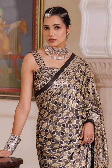 Shop_Geroo Jaipur_Brown Modal, Silk Sequins Printed Saree With Unstitched Blouse Piece _Online_at_Aza_Fashions
