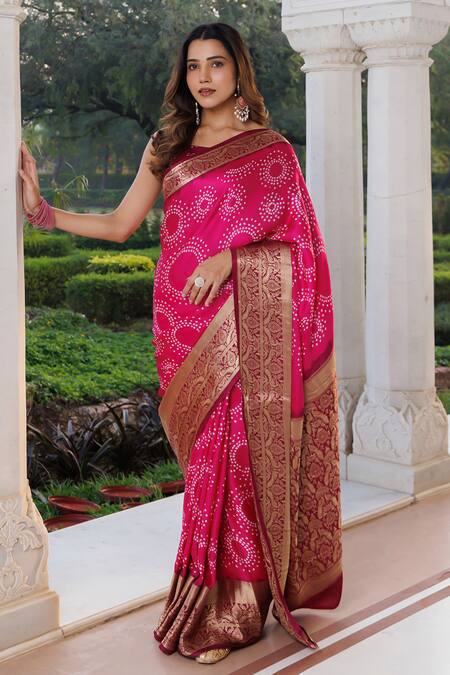 Shop_Geroo Jaipur_Pink Silk Zari Bandhani Gajji Saree With Unstitched Blouse Piece _Online_at_Aza_Fashions