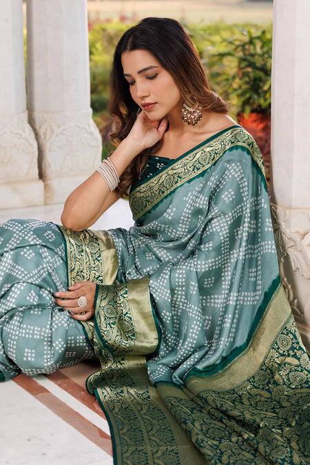 Shop Geroo Jaipur Green Silk Zari Bandhani Pattern Gajji Saree With Unstitched Blouse Piece Online at Aza Fashions Shop_Geroo Jaipur_Green Silk Zari Bandhani Pattern Gajji Saree With Unstitched Blouse Piece _Online_at_Aza_Fashions