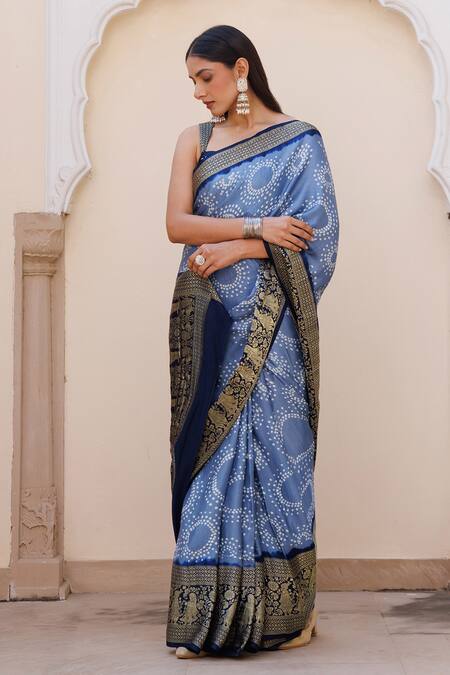 Shop_Geroo Jaipur_Blue Zari Bandhani Pattern Saree With Unstitched Blouse Piece _Online_at_Aza_Fashions