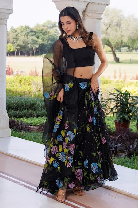 Geroo Jaipur Hand Painted Mukaish Floral Lehenga Set 