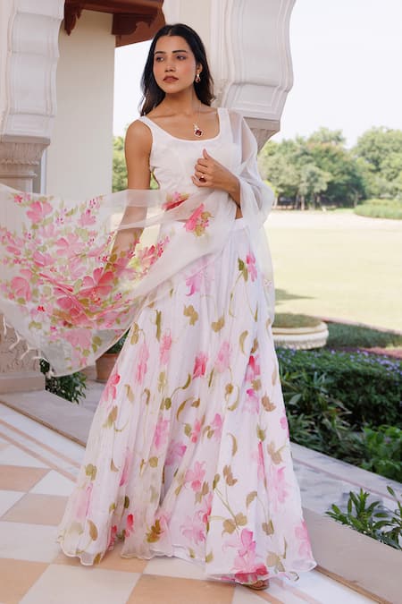 Geroo Jaipur Hand Painted Floral Mukaish Lehenga Set 