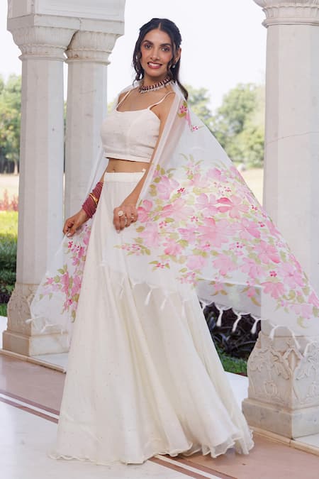 Shop_Geroo Jaipur_Off White Chiffon Foil Printing Hand Painted Mukaish Floral Lehenga Set _Online_at_Aza_Fashions