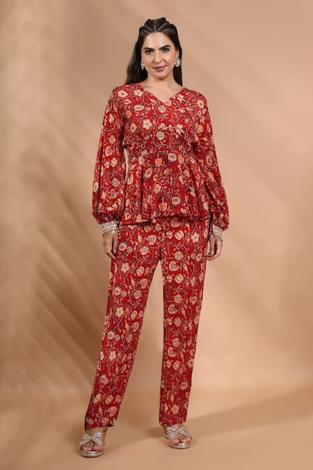 Shreya J Label Floral Print Peplum Kurta & Pant Set 