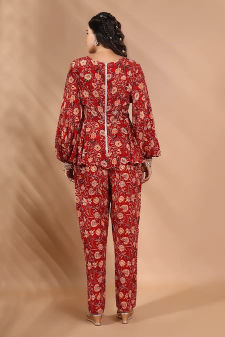 Shreya J Label Floral Print Peplum Kurta & Pant Set 