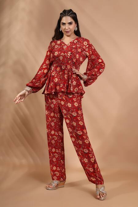 Shreya J Label_Red Crepe Embroidery, Sequins V-neck Floral Print Peplum Kurta And Pant Set _Online_at_Aza_Fashions