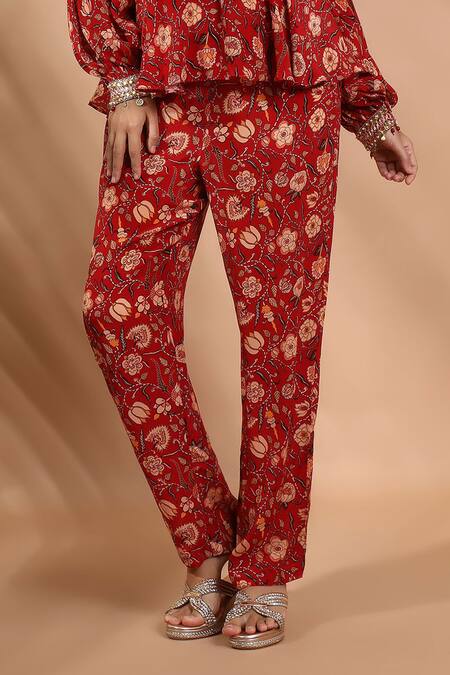 Shop_Shreya J Label_Red Crepe Embroidery, Sequins V-neck Floral Print Peplum Kurta And Pant Set _Online_at_Aza_Fashions