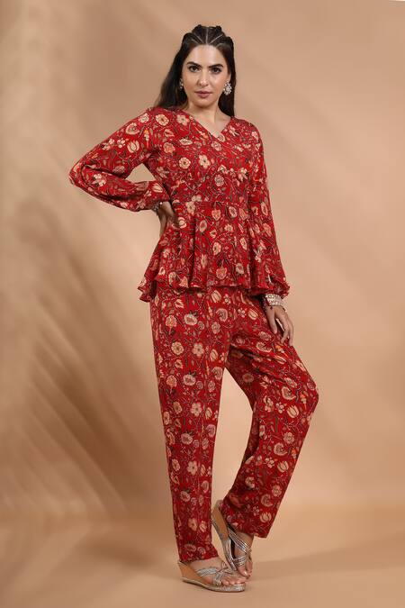 Shreya J Label_Red Crepe Embroidery, Sequins V-neck Floral Print Peplum Kurta And Pant Set _at_Aza_Fashions