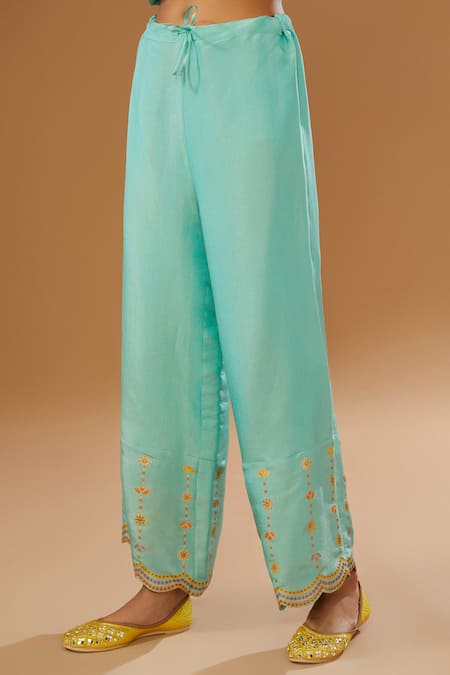 Buy_I Am Design_Green Silk Split V-neck Garden Print Kurta Pant Set _Online_at_Aza_Fashions