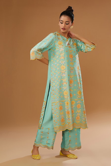Shop_I Am Design_Green Silk Split V-neck Garden Print Kurta Pant Set _Online_at_Aza_Fashions