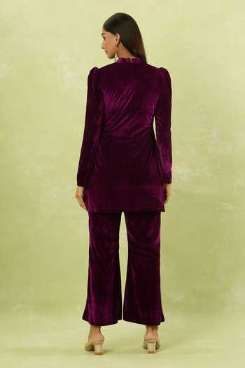 Samyukta Singhania Purple Velvet Sequins, Beads High Neck Wine Butterfly Motif Kurta Set Online at Aza Fashions Samyukta Singhania_Purple Velvet Sequins, Beads High Neck Wine Butterfly Motif Kurta Set _Online_at_Aza_Fashions