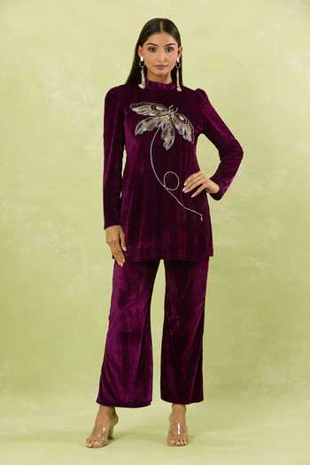 Buy Samyukta Singhania Purple Velvet Sequins, Beads High Neck Wine Butterfly Motif Kurta Set Online at Aza Fashions Buy_Samyukta Singhania_Purple Velvet Sequins, Beads High Neck Wine Butterfly Motif Kurta Set _Online_at_Aza_Fashions