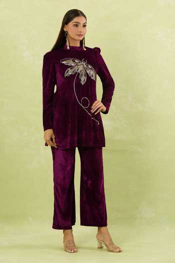 Shop Samyukta Singhania Purple Velvet Sequins, Beads High Neck Wine Butterfly Motif Kurta Set Online at Aza Fashions Shop_Samyukta Singhania_Purple Velvet Sequins, Beads High Neck Wine Butterfly Motif Kurta Set _Online_at_Aza_Fashions