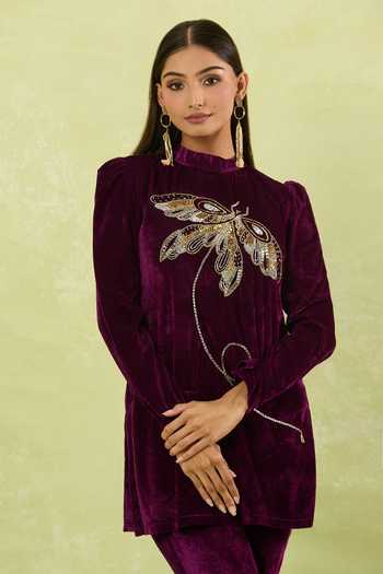 Samyukta Singhania Purple Velvet Sequins, Beads High Neck Wine Butterfly Motif Kurta Set at Aza Fashions Samyukta Singhania_Purple Velvet Sequins, Beads High Neck Wine Butterfly Motif Kurta Set _at_Aza_Fashions