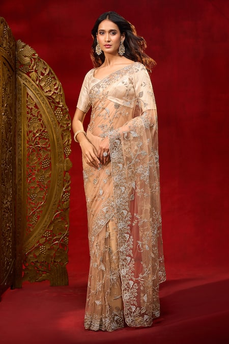 Azeera Floral Work Net Saree With Unstitched Blouse Piece 