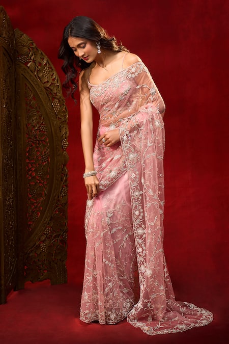 Azeera Floral Work Net Saree With Unstitched Blouse Piece 