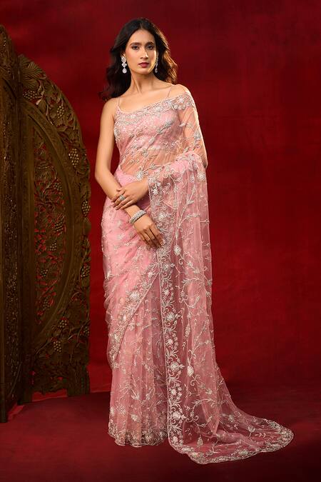 Buy_Azeera_Pink Net Embroidery Floral Work Saree With Unstitched Blouse Piece _Online_at_Aza_Fashions