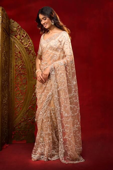 Buy_Azeera_Rose Gold Net Embroidery, Metallic Thread Saree With Unstitched Blouse Piece 