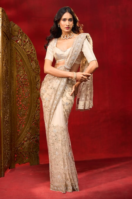 Azeera Floral Embroidered Saree With Unstitched Blouse Piece 