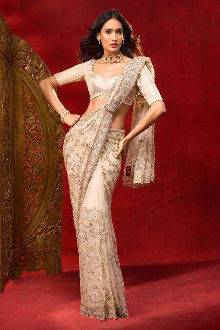 Azeera_White Net Embroidery, Sequins, Zari Floral Saree With Unstitched Blouse Piece _Online_at_Aza_Fashions