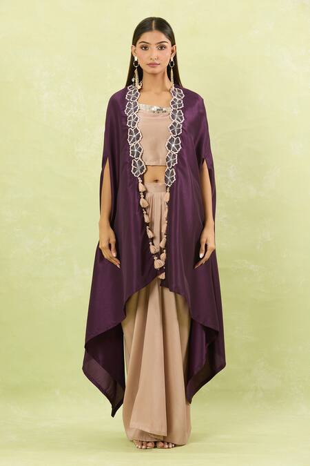 Shop_Samyukta Singhania_Purple Silk Hand Embellished Cape And Pant Set