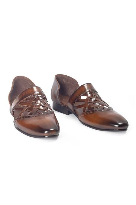 Buy_Domani_Brown Devaraj Woven Cutwork Brogue Shoes _Online_at_Aza_Fashions