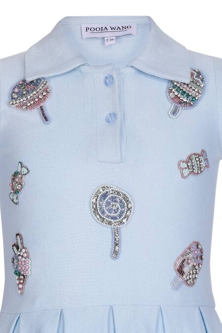 Pooja Wang_Sky Blue Cotton Beads, Sequins Candy Pop Polo Dress _Online_at_Aza_Fashions