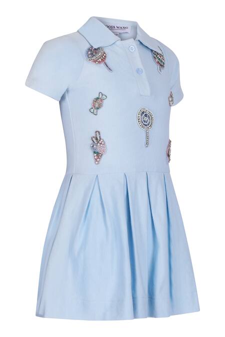 Shop_Pooja Wang_Sky Blue Cotton Beads, Sequins Candy Pop Polo Dress _Online_at_Aza_Fashions