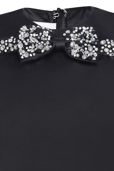 Pooja Wang_Black Satin Bows, Sequins, Stones Cerulean Charm Crystal Embroidered Dress _Online_at_Aza_Fashions