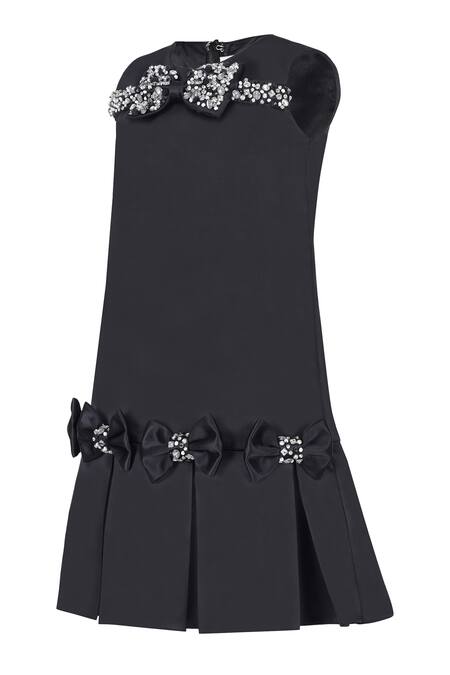 Buy_Pooja Wang_Black Satin Bows, Sequins, Stones Cerulean Charm Crystal Embroidered Dress _Online_at_Aza_Fashions