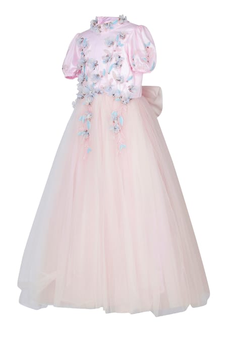 Pooja Wang_Pink Net Beads, Stones, Fabric Flowers Cleo Von Princess Puff Sleeve Gown _Online_at_Aza_Fashions